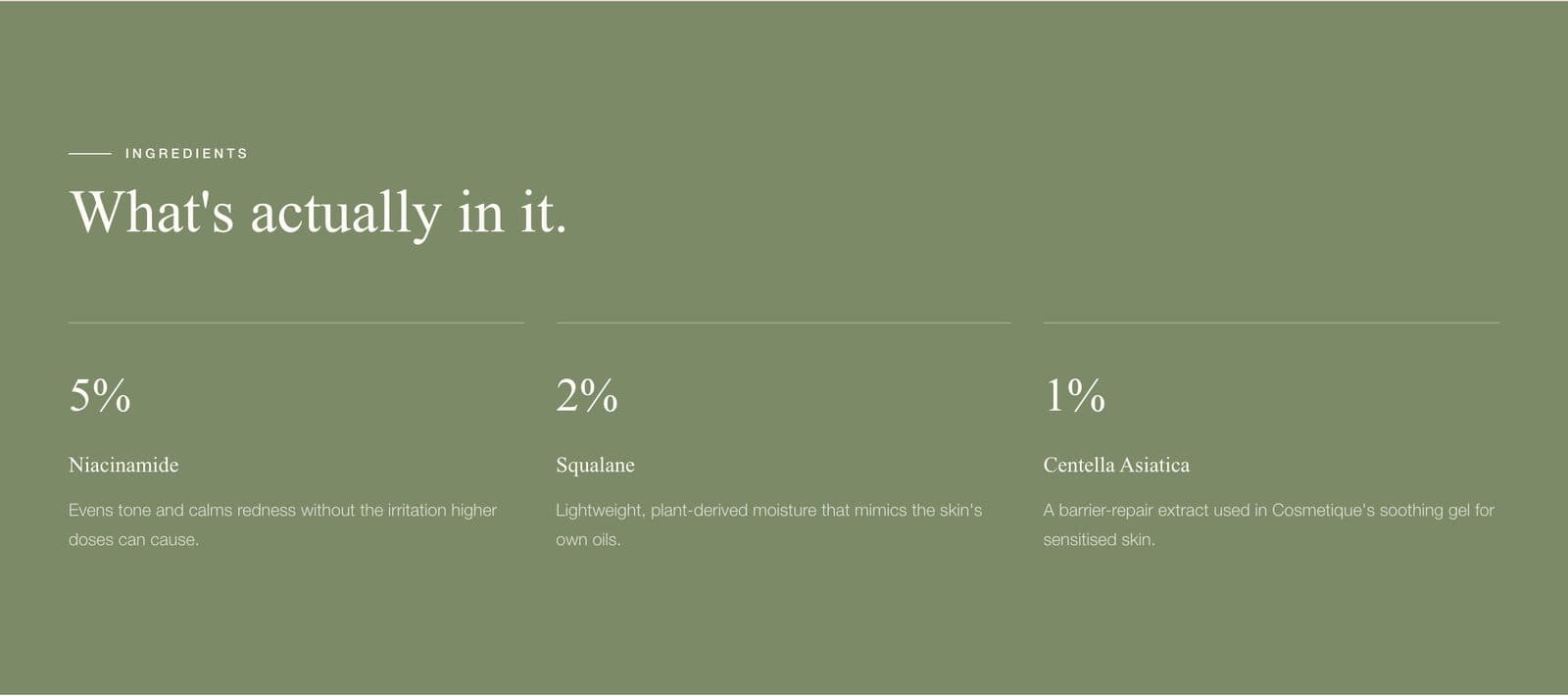 Cosmetique ingredient percentage section