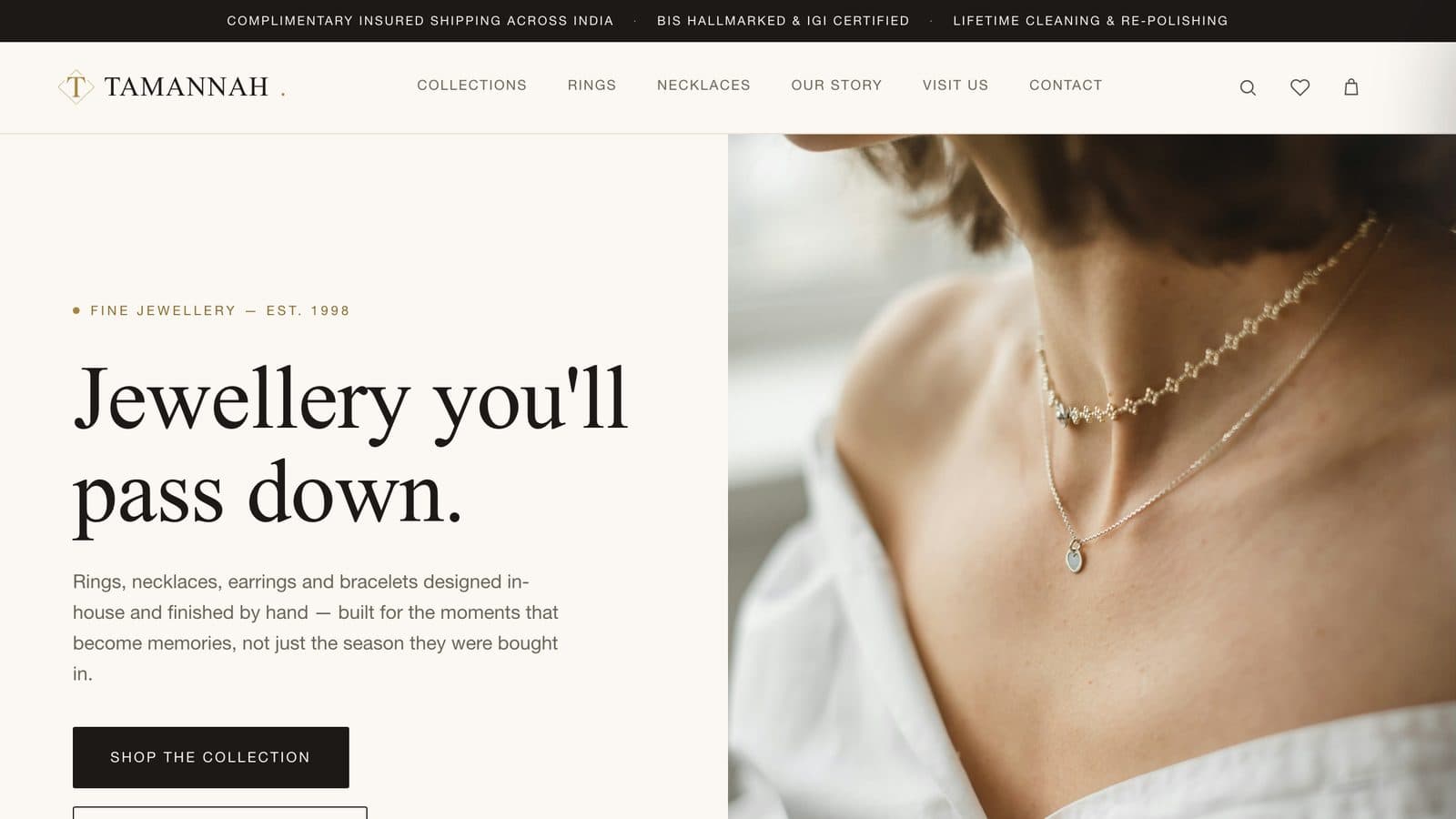 Tamannah Jewellers website hero section