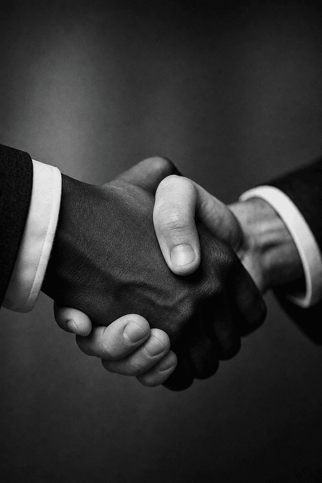 Editorial black and white close-up photograph of two hands in a handshake