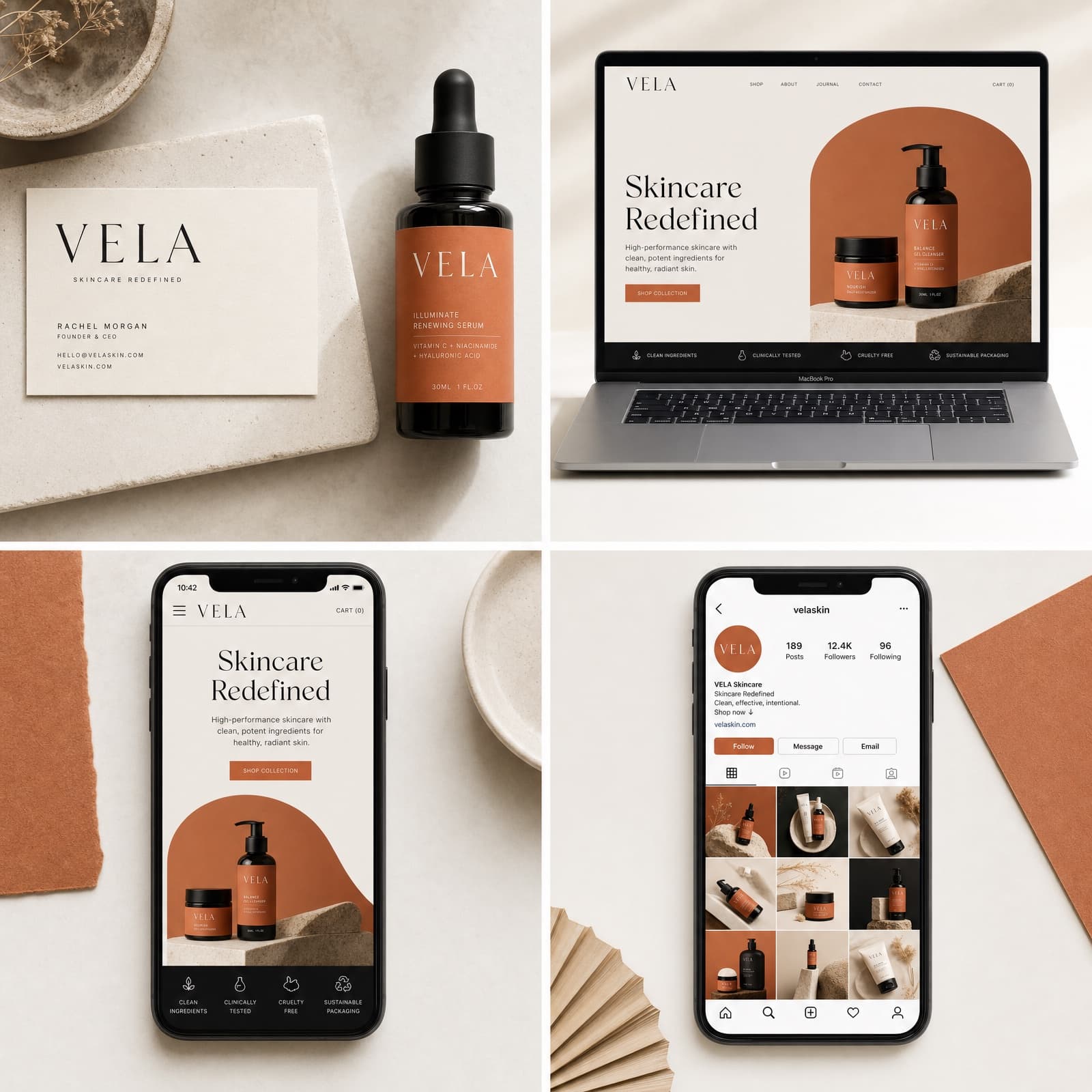 Conceptual brand transformation shown across identity, desktop website, mobile website and social media