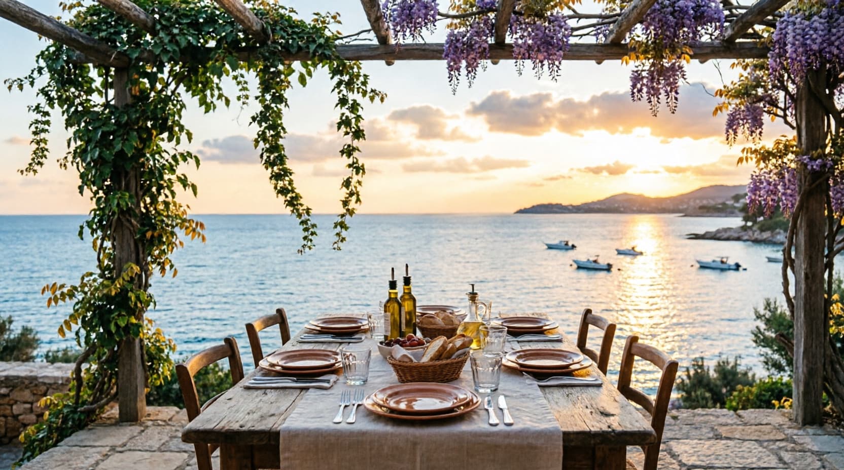 Pergola dining terrace overlooking the sea at Casa Lumen