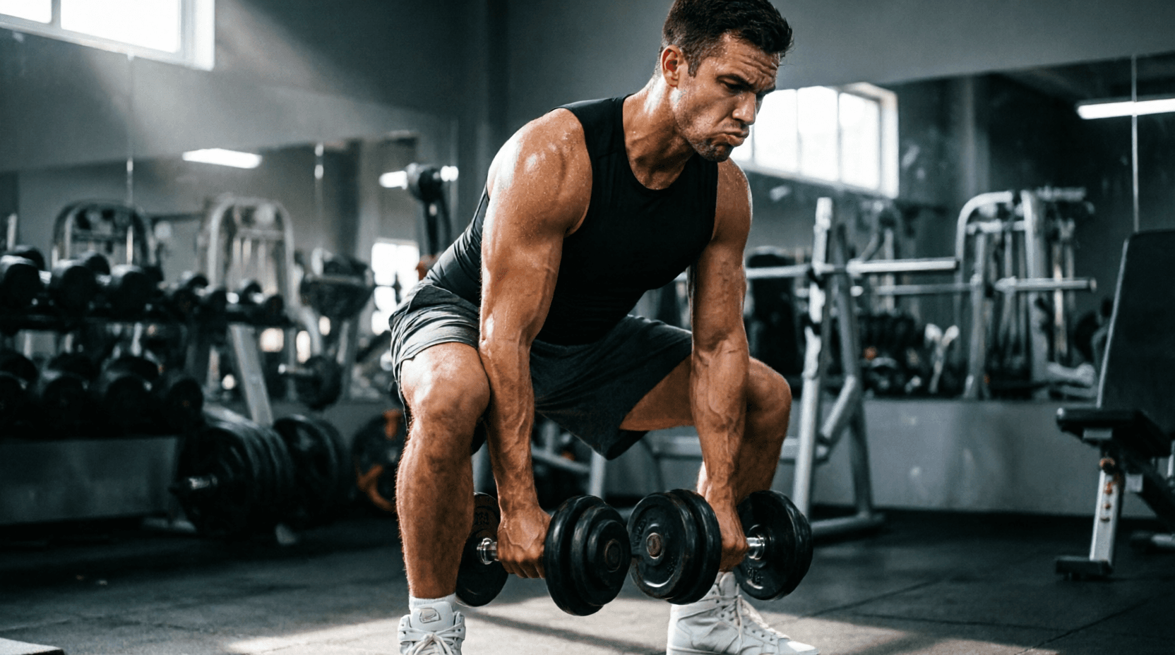 Gym & Tonic website hero, a dumbbell deadlift in black and acid-lime duotone