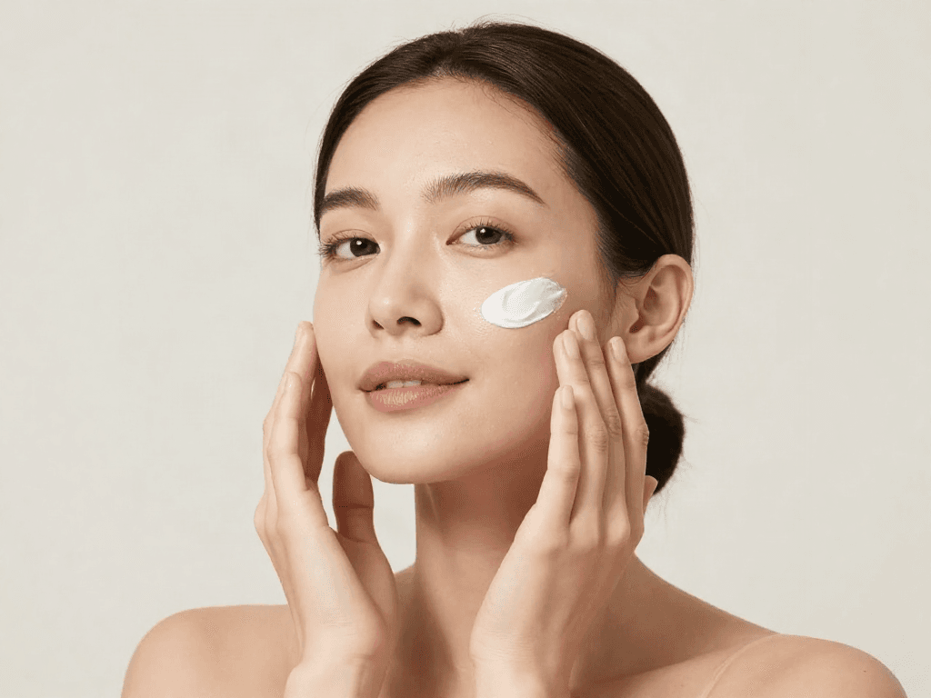 Cosmetique website hero, a model applying cream to her cheek