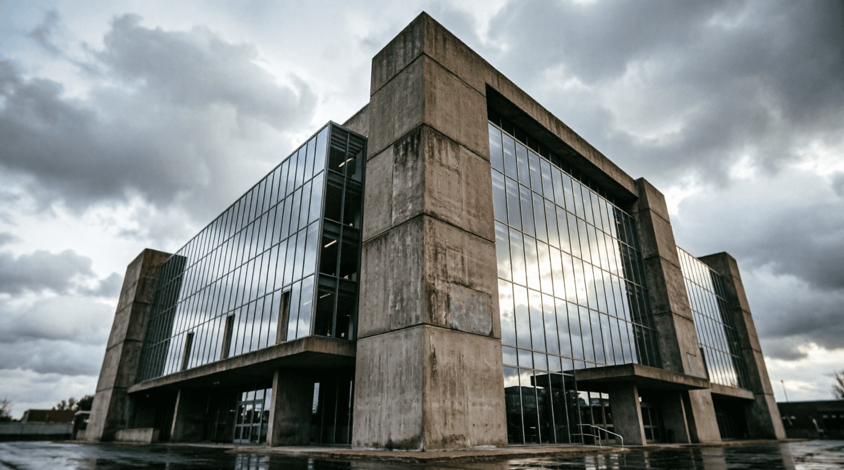 Brutalist concrete architecture, black and white