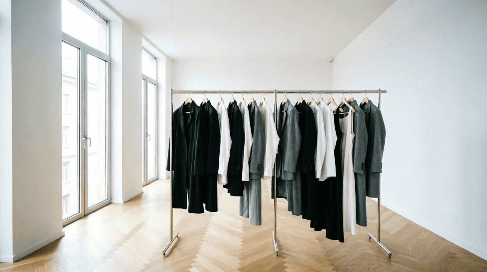 A rail of tailored coats, shirts and dresses ready for a lookbook shoot