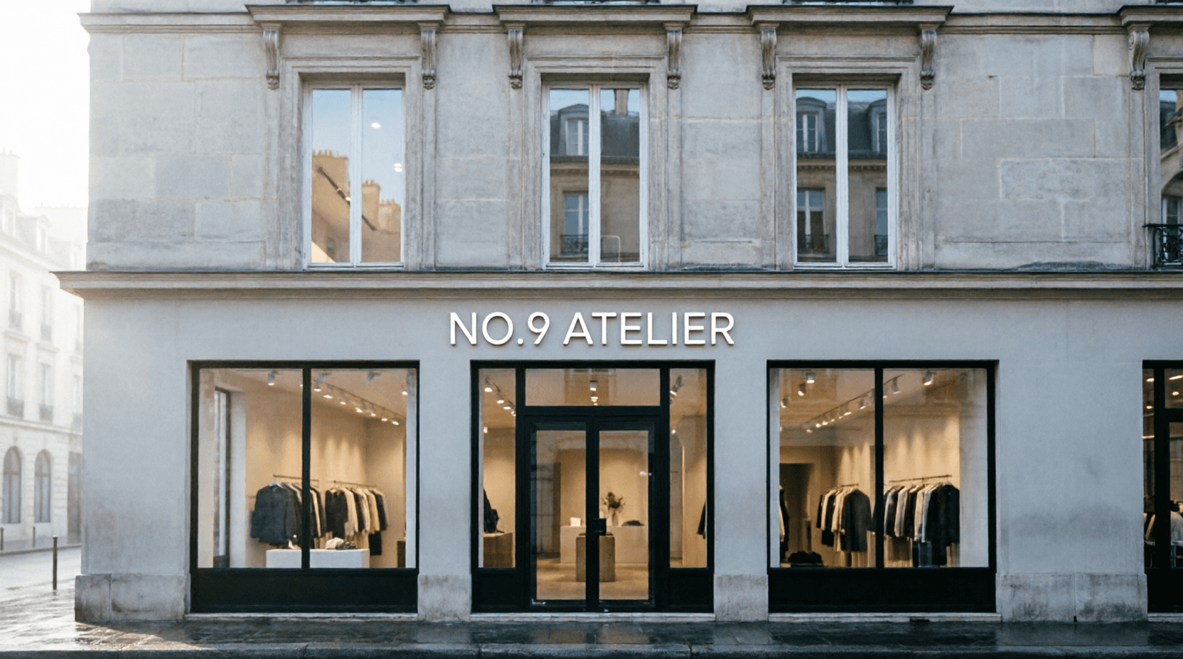 The Nº9 Atelier storefront and signage on a Paris street