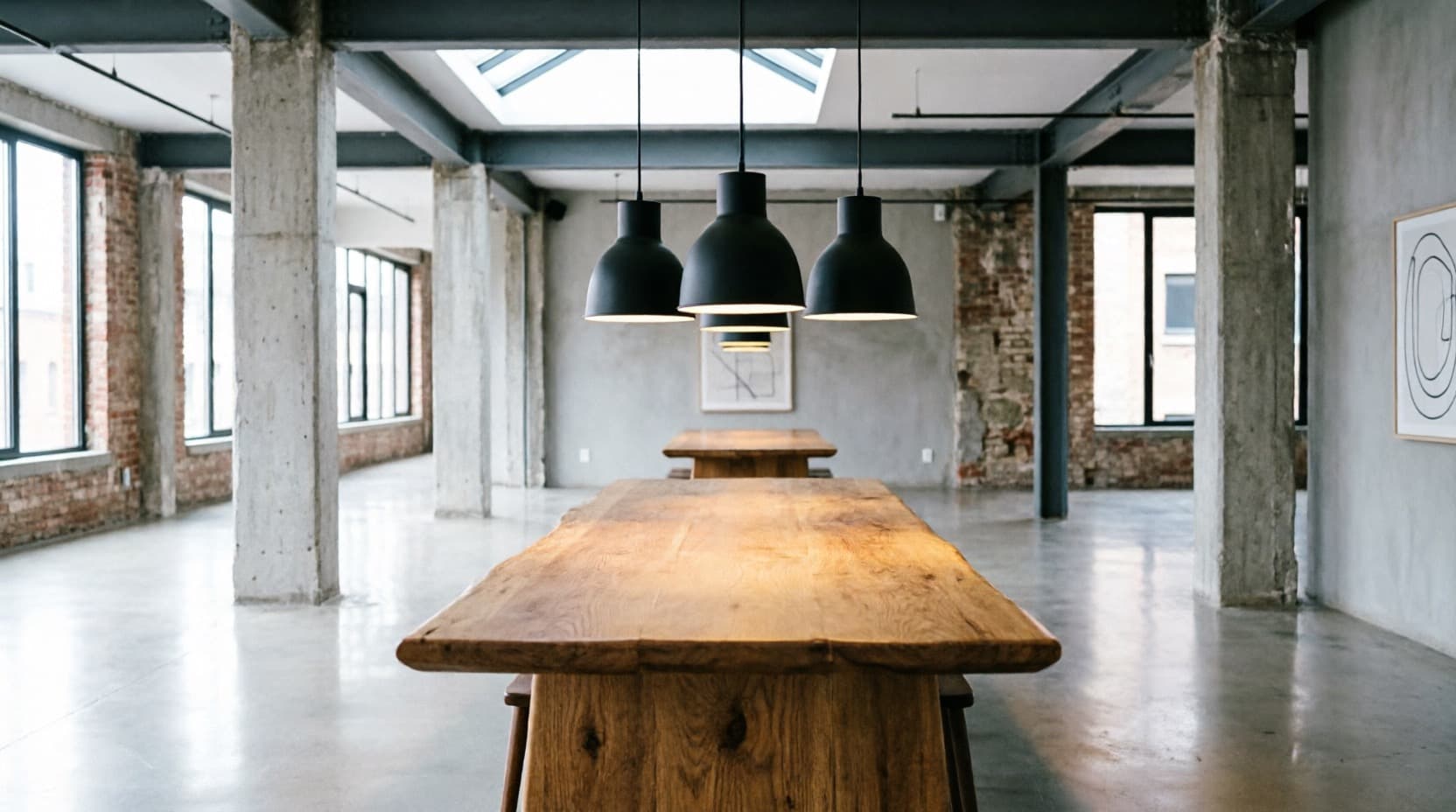 Industrial dining hall with exposed brick columns and a long wood communal table