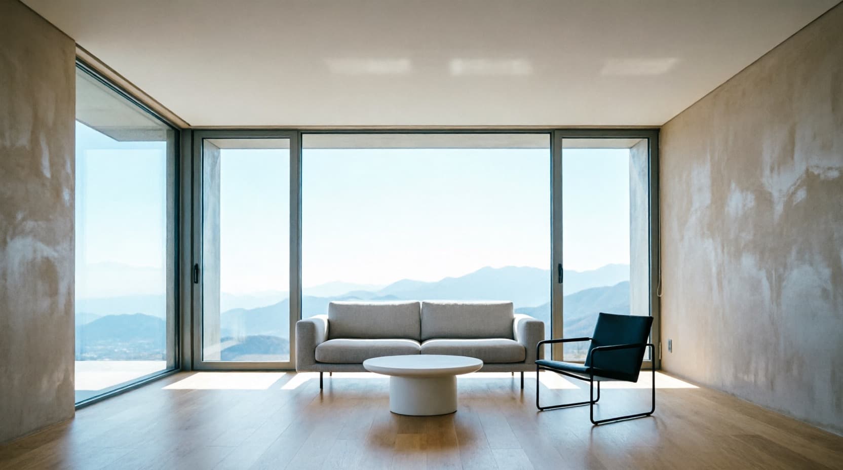 Living room with floor-to-ceiling glass walls overlooking mountains