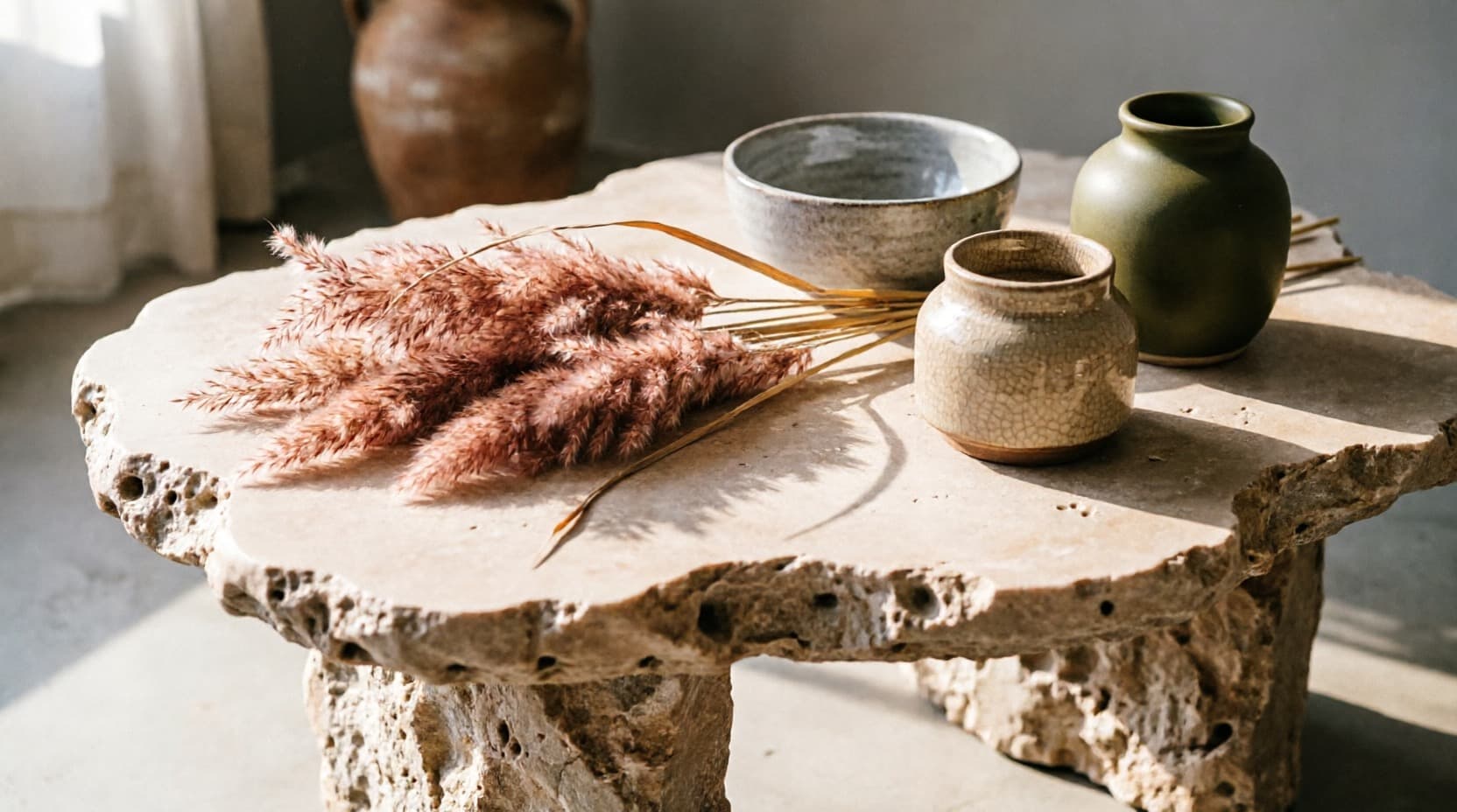 Ceramic vessels and dried pampas grass styled on a stone table