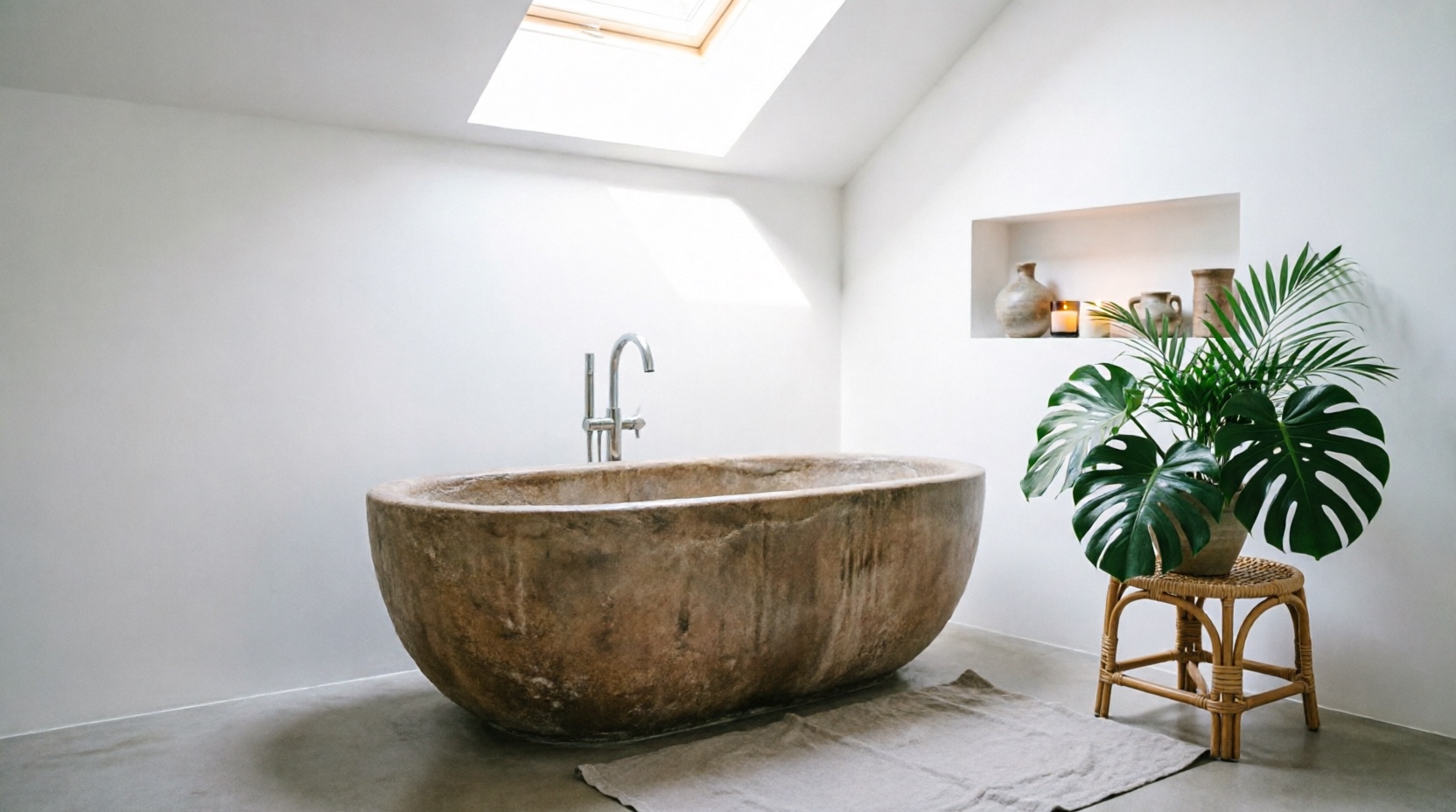 Sculpted stone bathtub in an ensuite bathroom at Casa Lumen