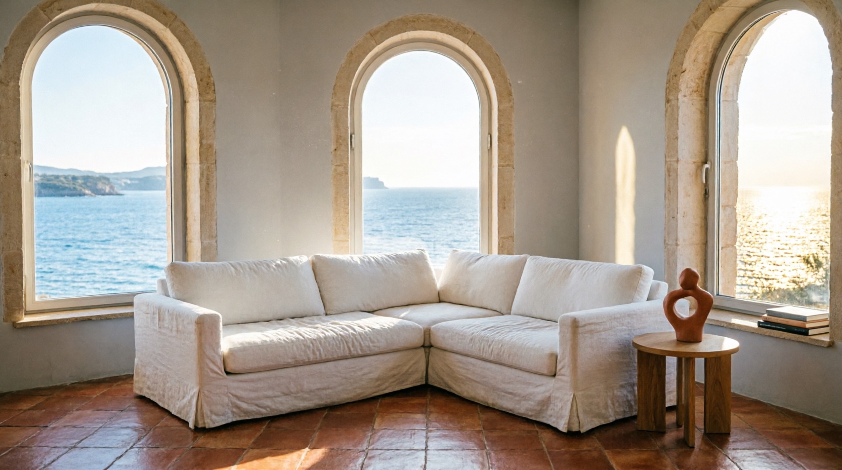 Open-plan living room at Casa Lumen with arched windows facing the sea