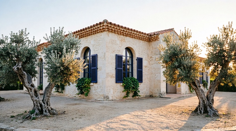 Stone facade with olive trees and blue shutters at Casa Lumen