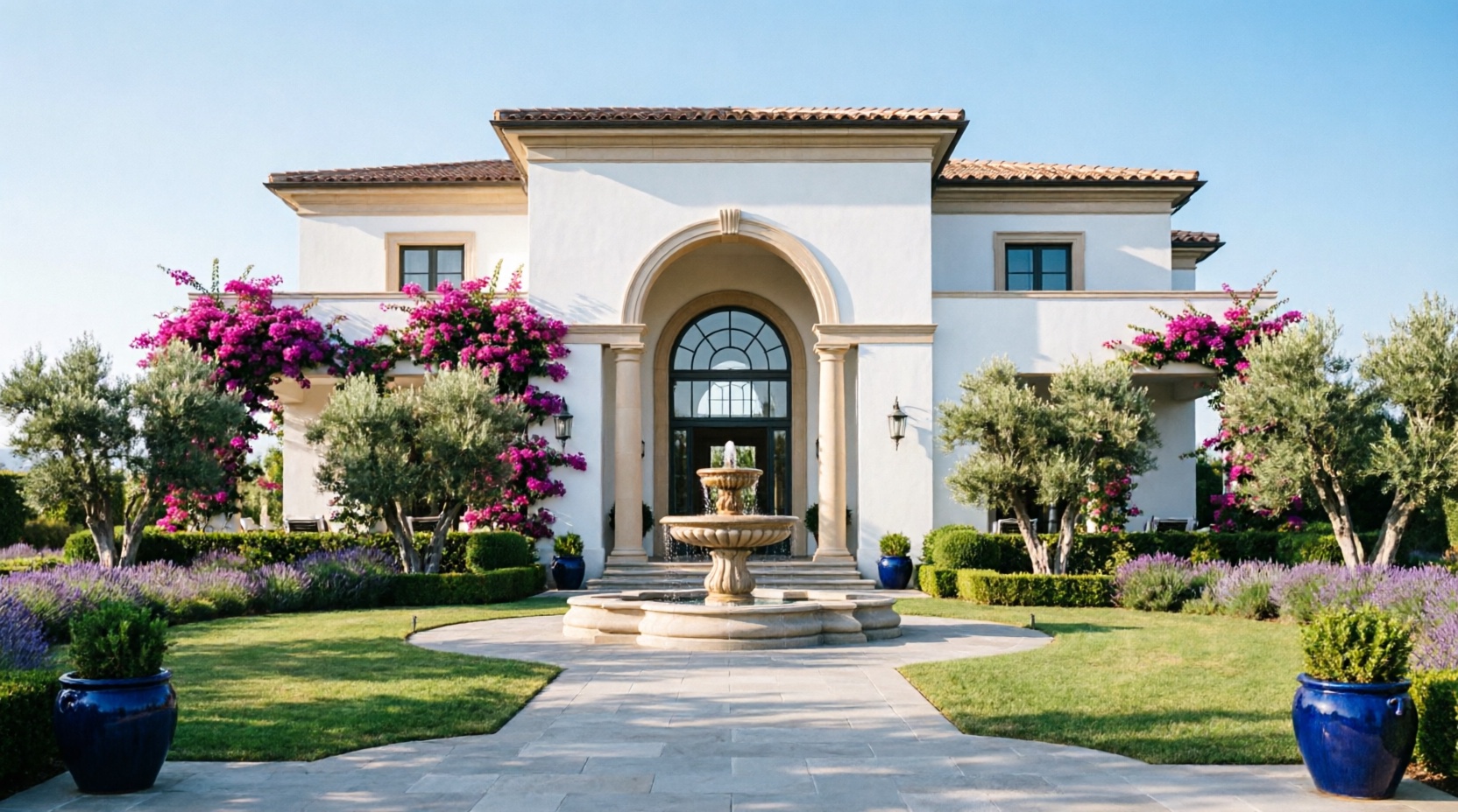 Casa Lumen villa entrance with stone fountain and gardens