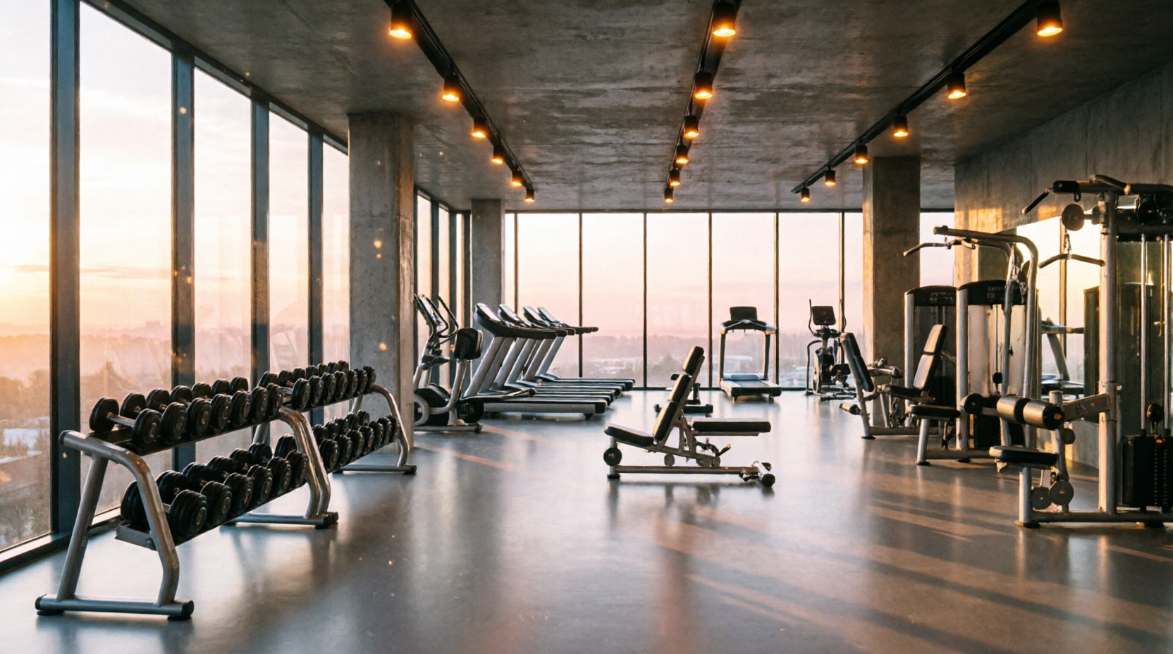 Conditioning Bay, a row of treadmills and cardio machines at sunset