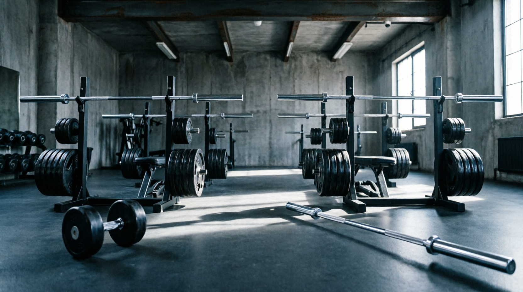 The Strength Lab weight room, with squat racks and loaded barbells