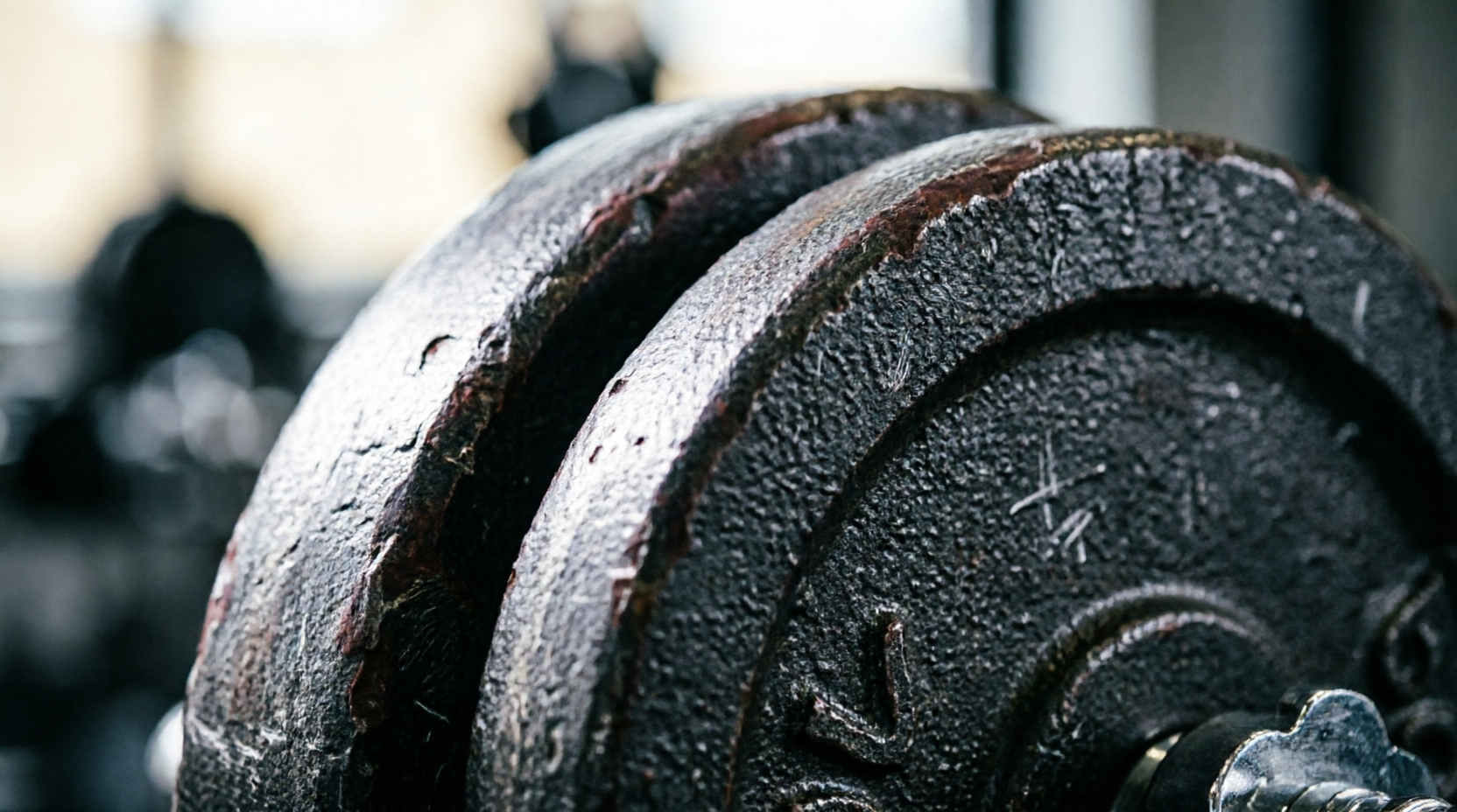 Close-up of a stacked cast-iron weight plate at Gym & Tonic