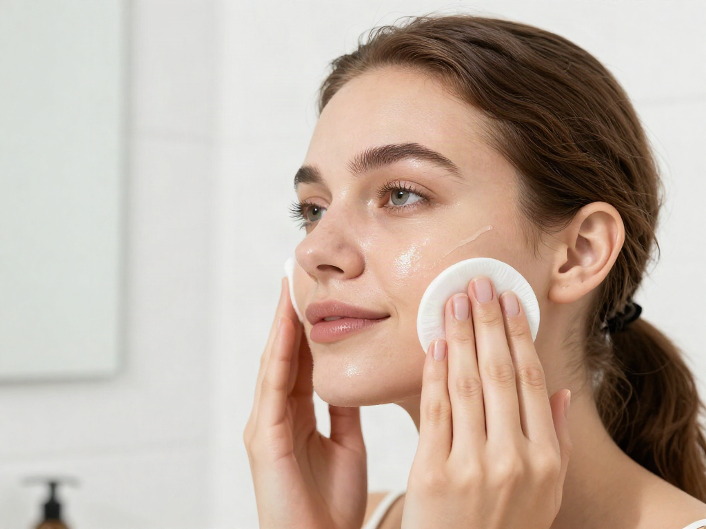 Model gently cleansing skin with a cotton pad, serene spa moment