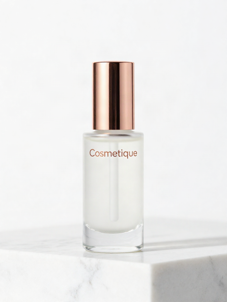Cosmetique serum bottle with rose gold cap