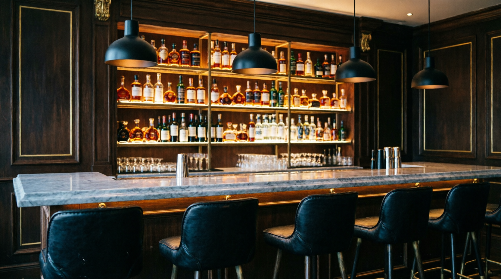 The bar at Maison Dorée with a wall of spirits