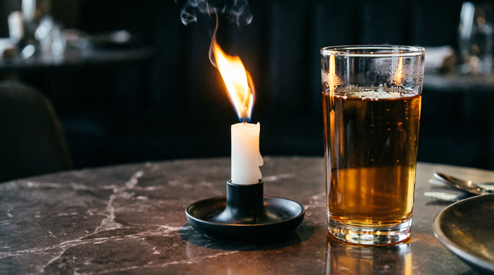 Candle burning beside a glass on a marble table