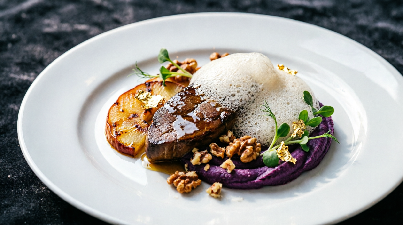 Plated foie gras course with charred pear