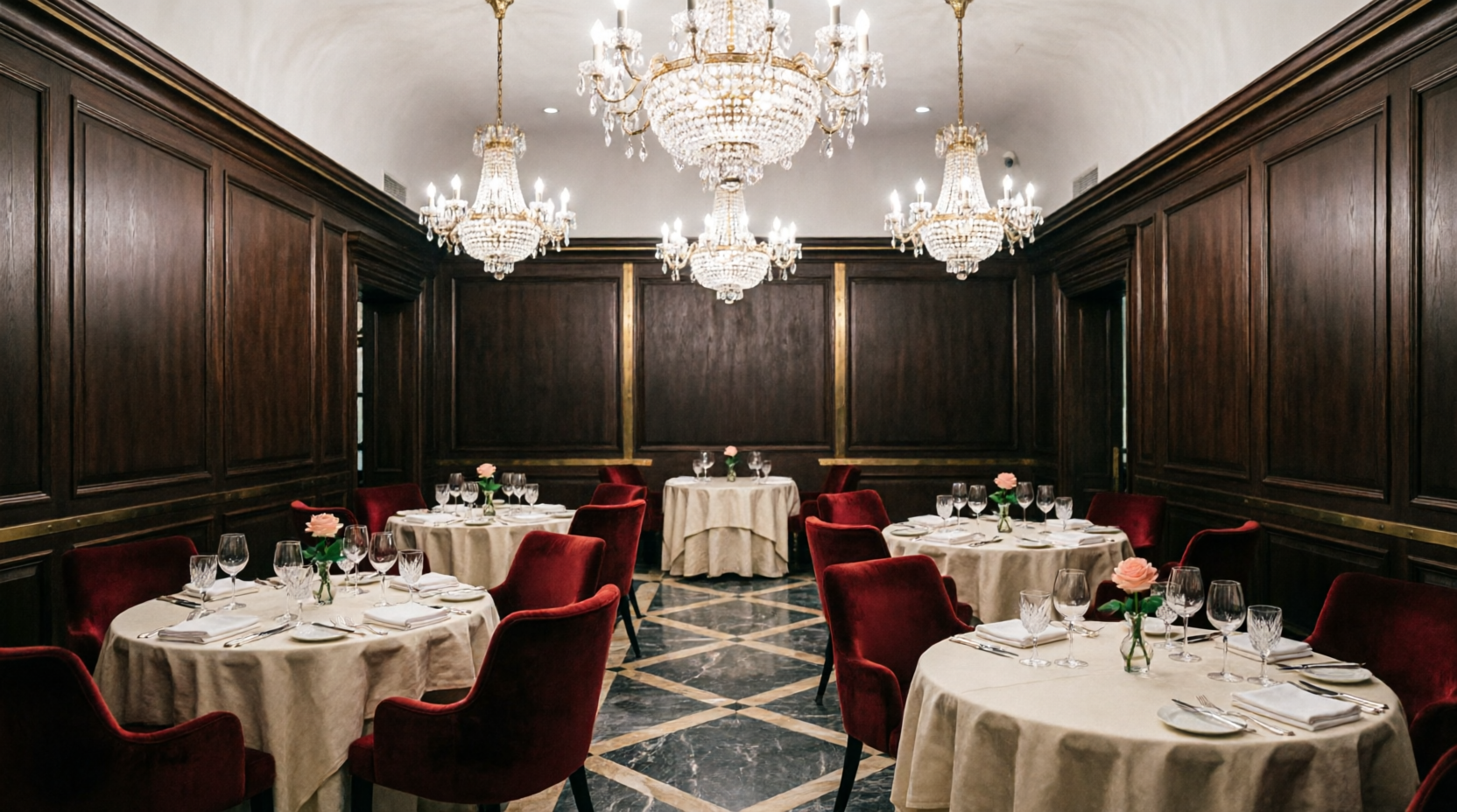 Private dining room with round tables and roses