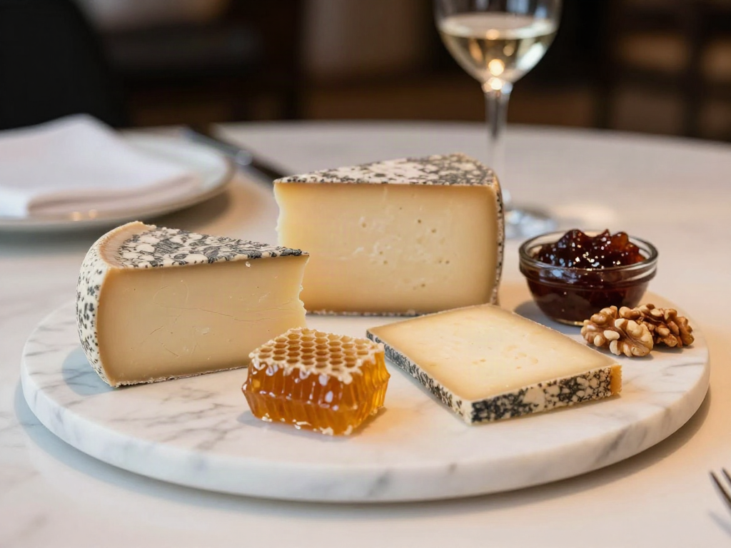 Overhead view of a full tasting menu table setting