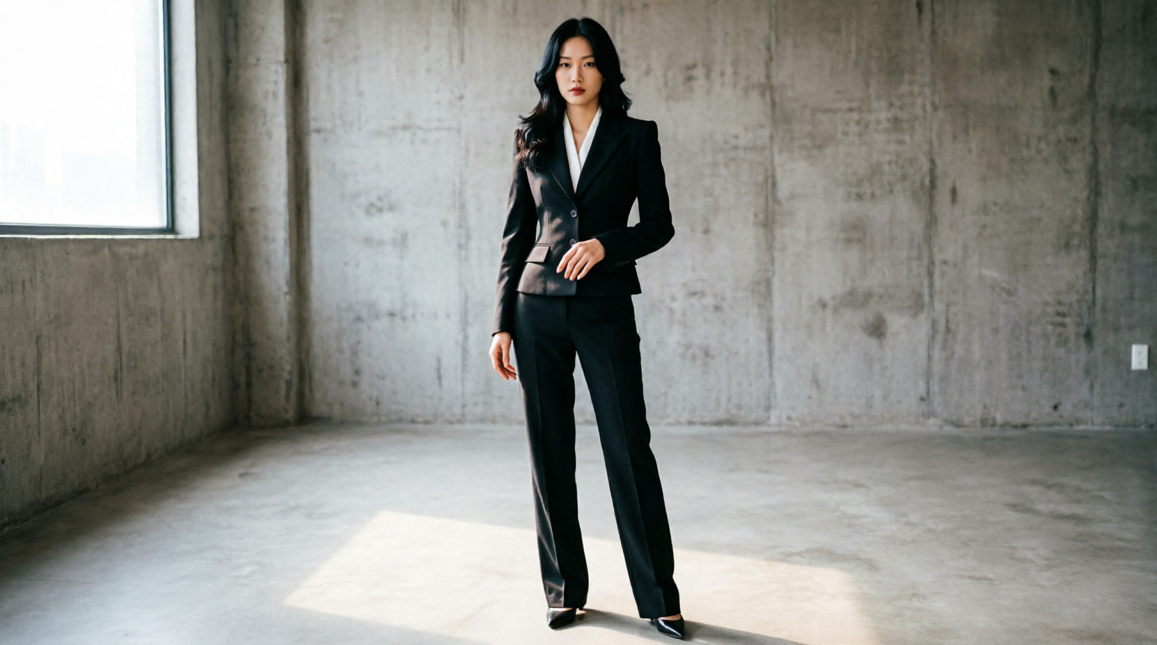 Detail, tailored black blazer and trousers against concrete