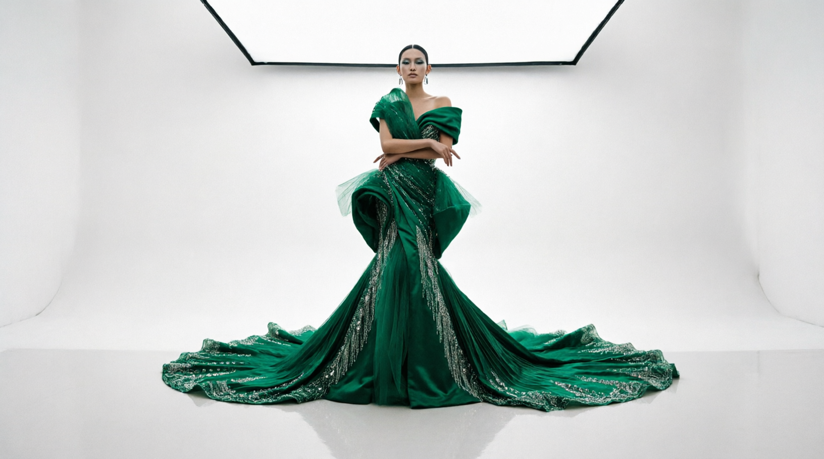 Look 01 and 02, emerald sequin gown with sculptural draped shoulder