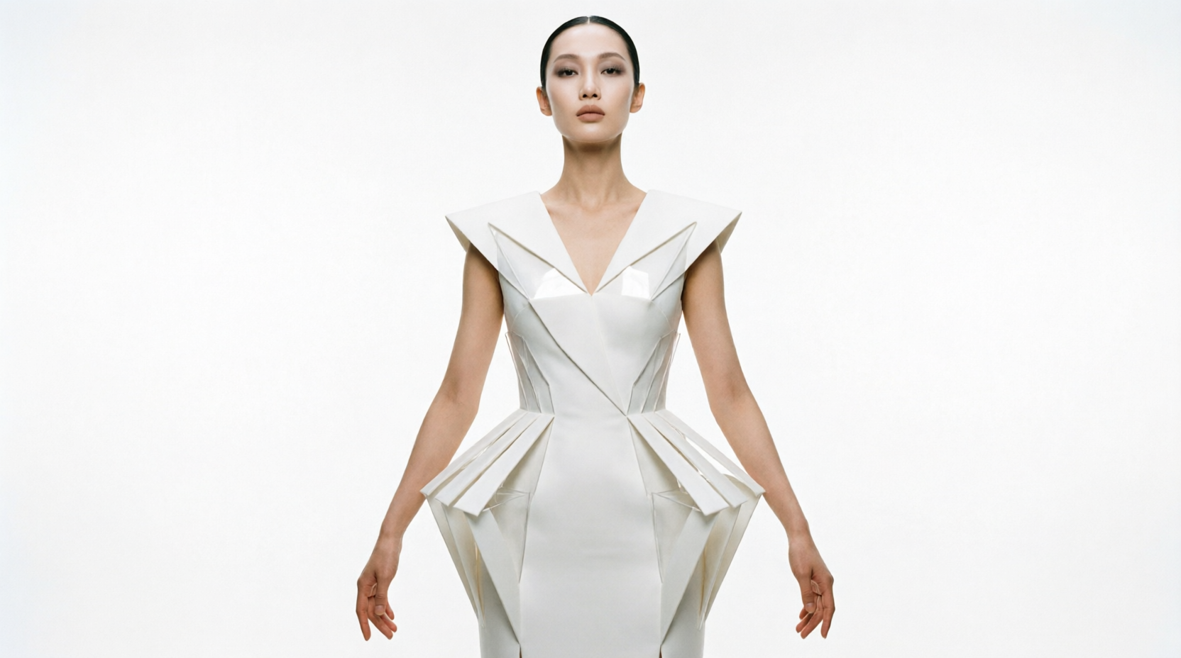 Look 03, sculptural ivory gown with architectural draping