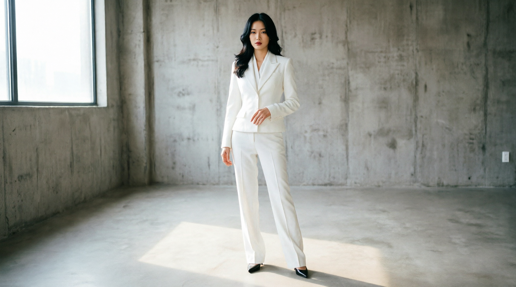 Look 05, ivory tailored suit against a concrete backdrop
