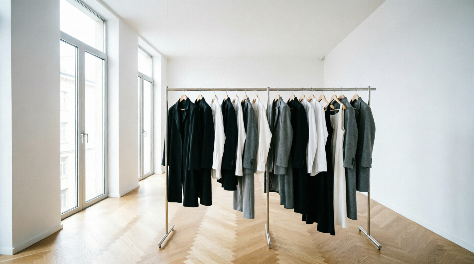 The Nº9 Atelier boutique interior, rail of finished pieces
