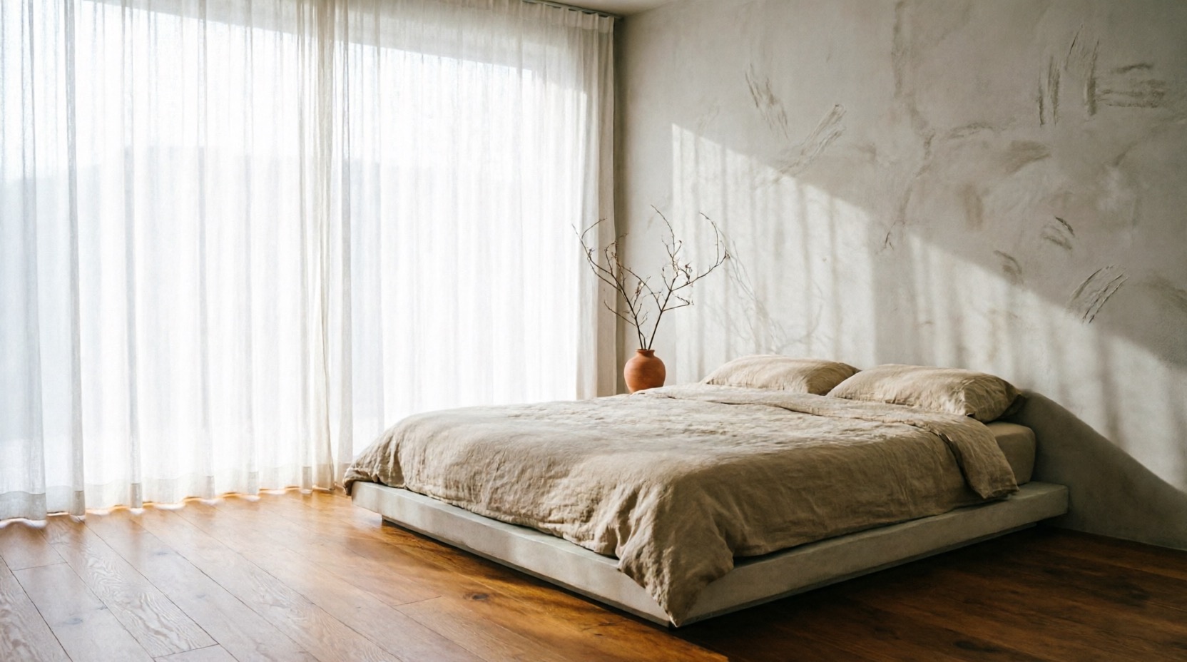 Bedroom with linen bedding and sheer curtains against a textured plaster wall
