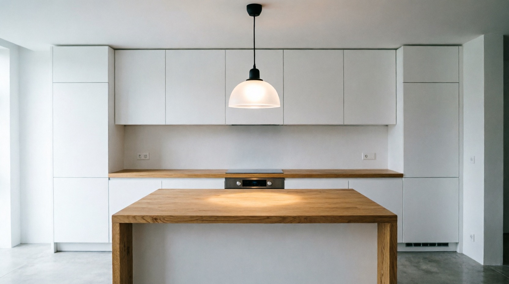 Minimalist white kitchen with a wood island and a single pendant light