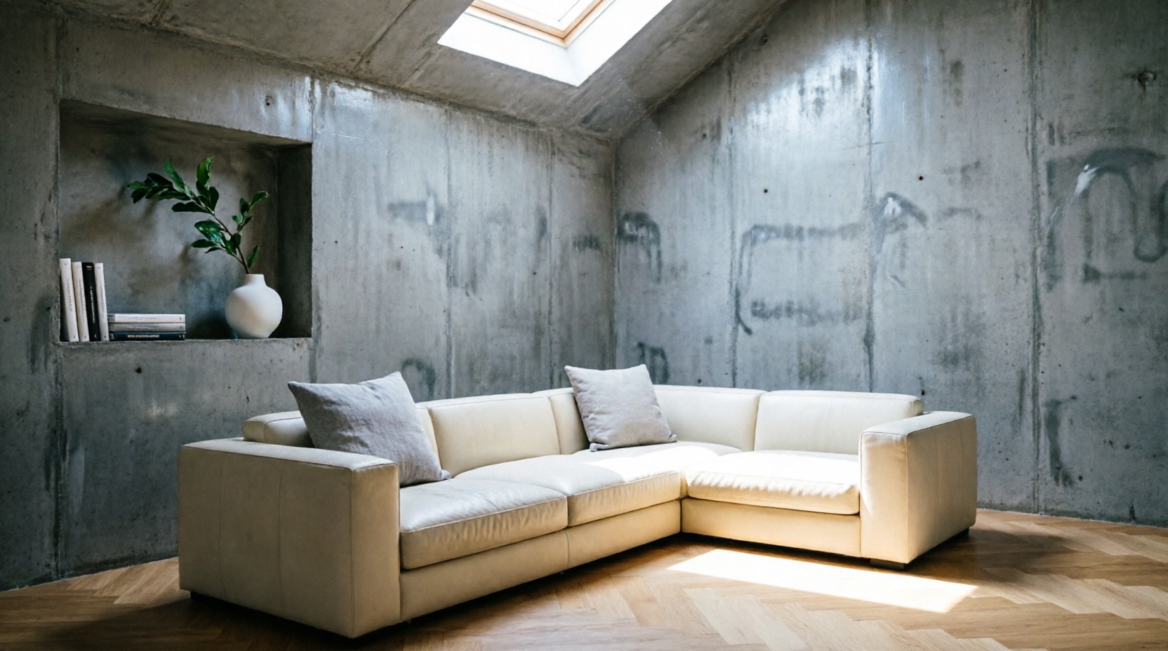 Cream sectional sofa in a concrete loft with a bookshelf niche
